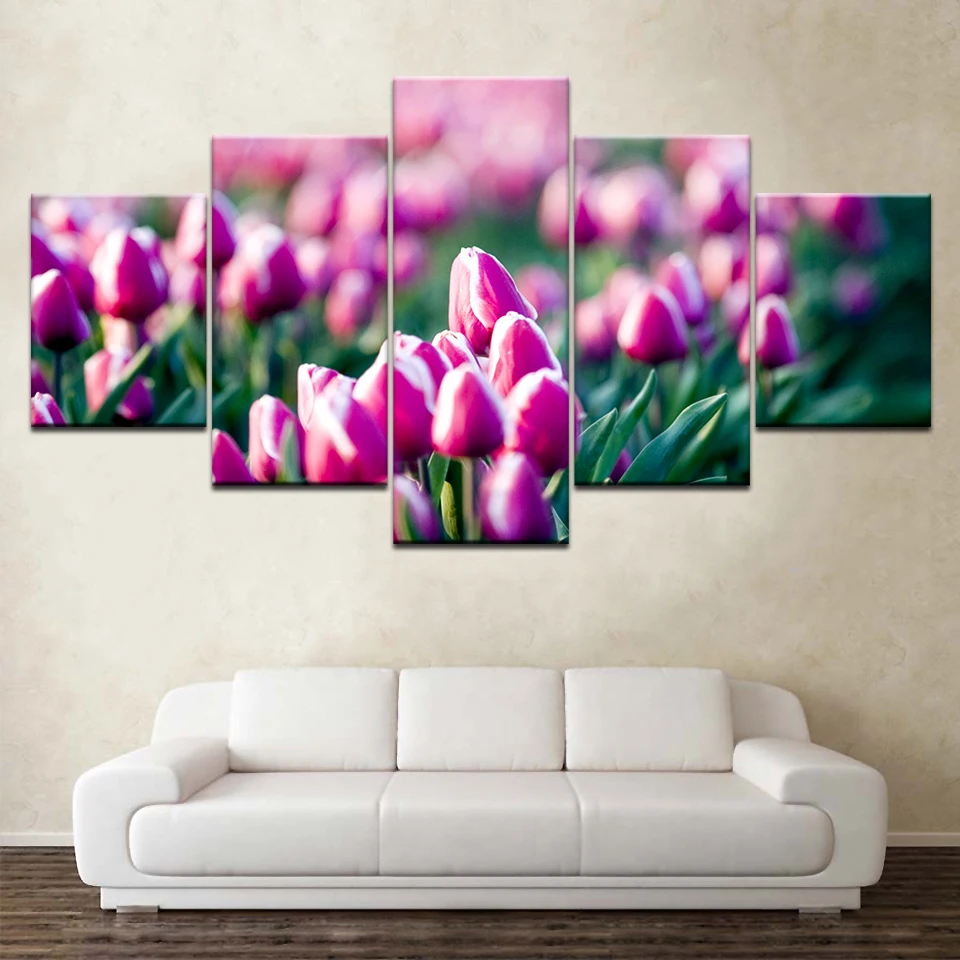 زهور التوليب الوردية 5 لوحات خلفيات وحدات حديثة ملصق فني قماش اللوحة لغرفة المعيشة ديكور المنزل
