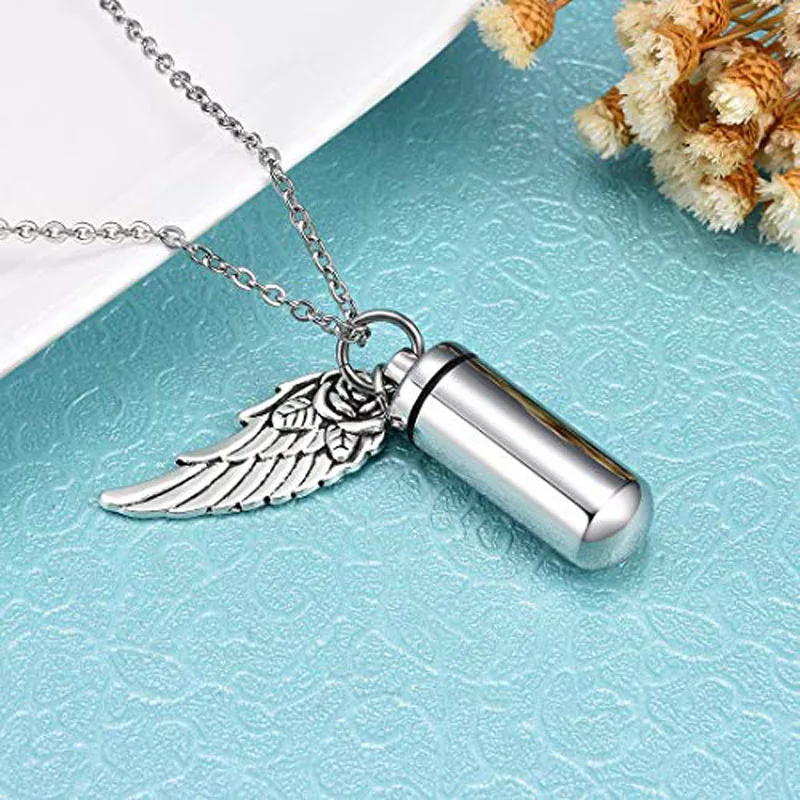 Pretty Rose flower angel wing Charm Cremation jewelry Cylinder Ash Urn Pendant Memorial Pet/Human Ashes Necklace Stainless Steel