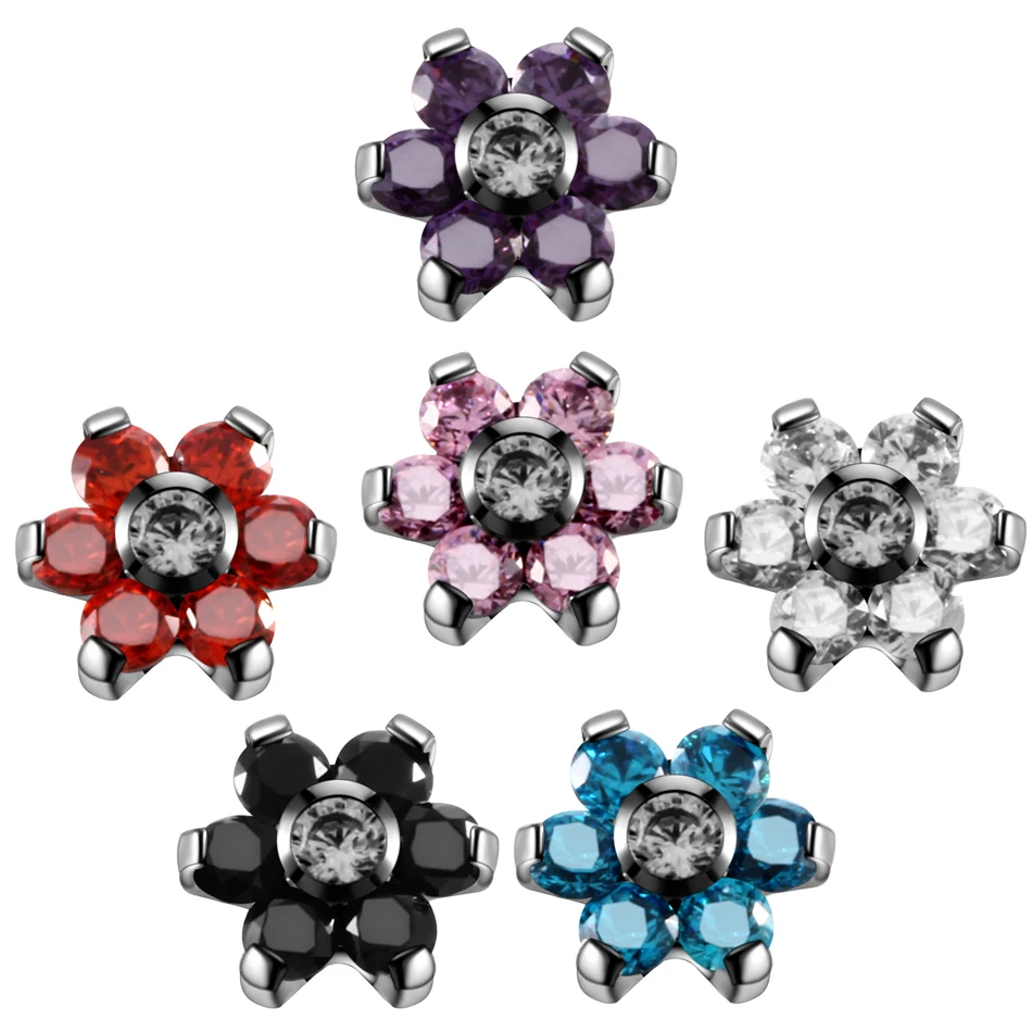 1PC G23 Solid Titanium Flower Crystal Micro Dermal Anchor Top Dermal Skin Diver Surface Piercings Hide Top Gauges BodyJewelry