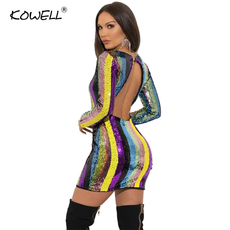 Woman Colorful Sequine Striped Mini Dress O Neck Long Sleeve Package Hip Sexy Bodycon Dress Backless Clubwear Outfit Party Dress