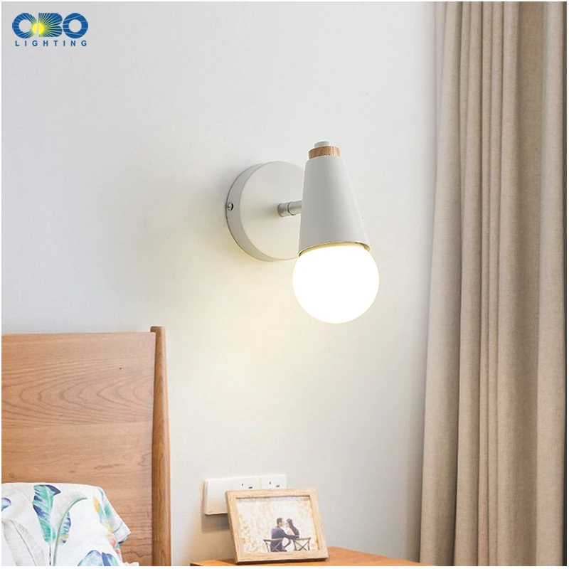 Modern Macaron Wall Lamp Iron Wood Mirror Light Bedside Bedroom Indoor Lighting E27 Light Bulb Retro LED Wall Light Nordic