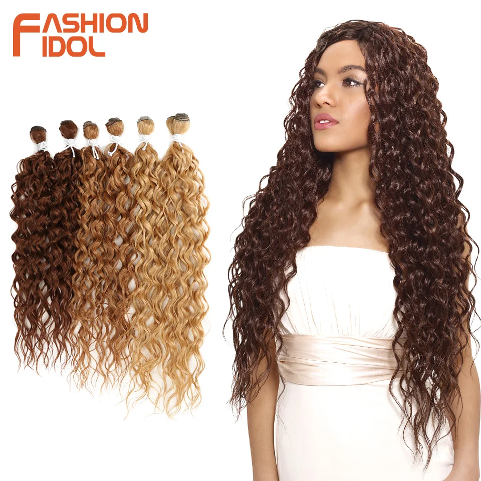 FASHION IDOL Synthetic Hair Extensions Afro Kinky Curly Hair Bundles Ombre Blonde 24-28inch 6 Pcs Heat Resistant For Black Women