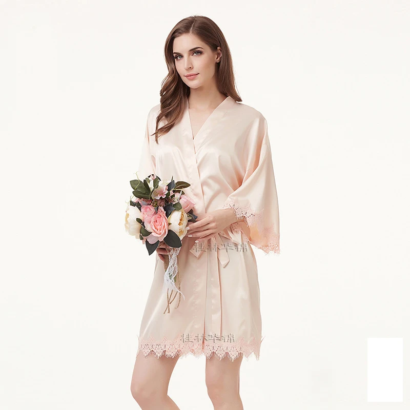 New Arrived RobeSolid Color Short robe Bride Kimono bridal bridesmaid Robe satin bathrobe Night dress Eyelash Lace Dressing Gown