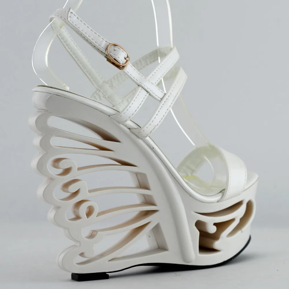 LF51801 Black/White Strappy Bride Wedding Wedge Butterfly Heel Sandals