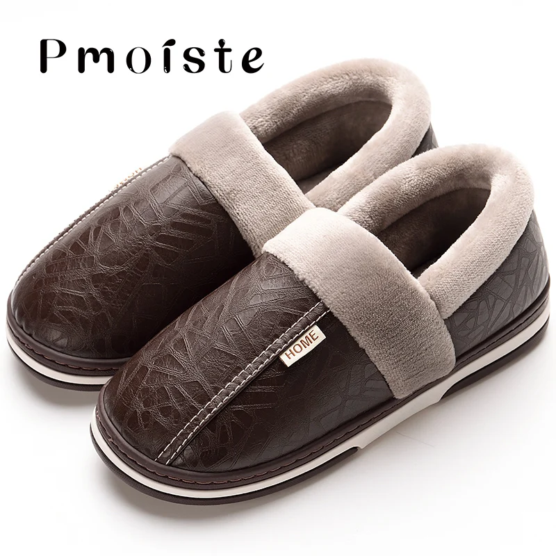 Zapatillas de casa de espuma viscoelástica para hombre, pantuflas de interior con piel para adultos, de cuero, 50-51 talla grande, Invierno