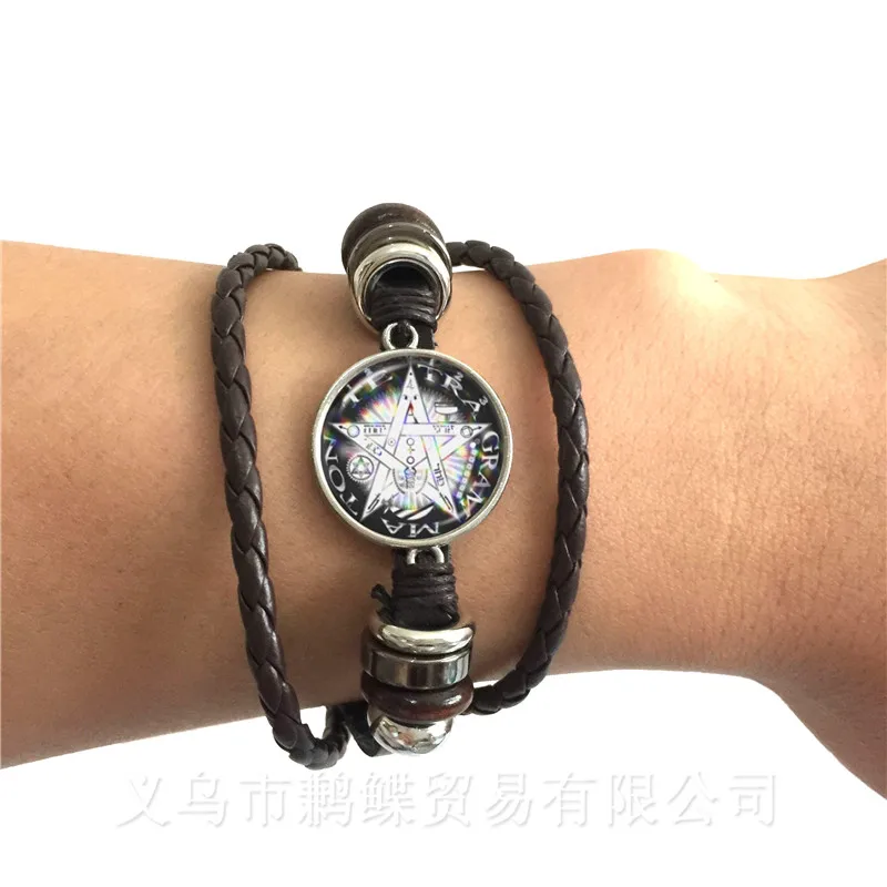 Satanic Pentagram Star Symbols Statement Black/Brown Leather Bracelet Bangle Handmade For Men Women Classic Jewelry Pagan Gift