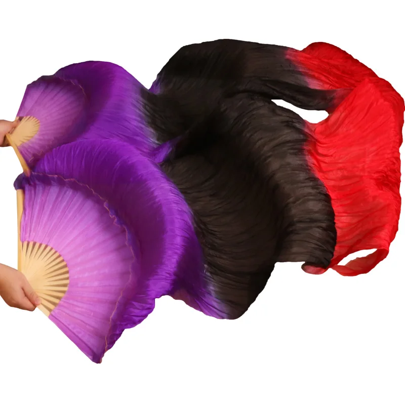 100% Silk High Quality Dance Fans 1 Pair Left+Right hand Belly Dancing Fans Handmade Dyed Silk Dance Props Fans Purple+Black+Red