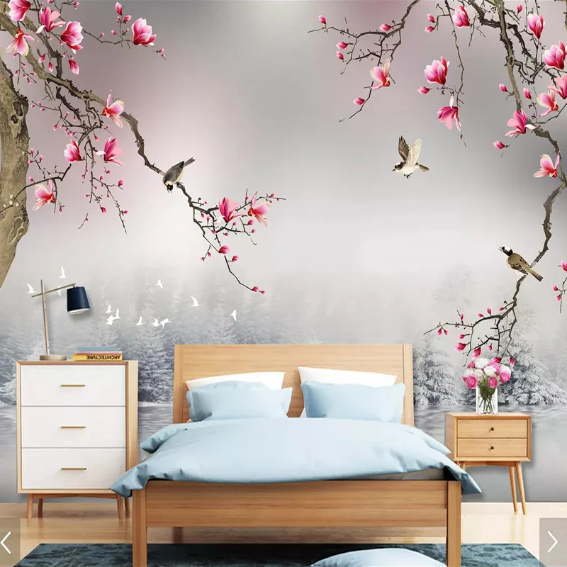 Custom Mural Photo Wallpaper Chinese Style Magnolia Flower Birds Living Room Bedroom 3D Wall Papers Home Decor Papel De Parede