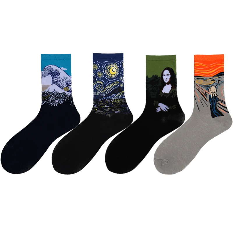 

4 pairs/lot Funny Colorful Men Socks Fashion Retro Abstract Oil Painting Art Socks Men Van Gogh Starry Night Oil Painting Sox