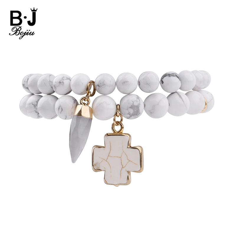 BOJIU Bohemia Natural Stone Bracelet For Women 8mm 10mm Howlite Beads Cone Cross Pendant Charm Bracelet Lady Party Jewelry BC256