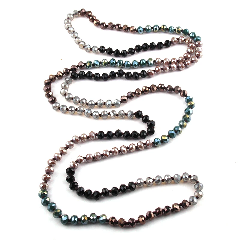 Fashion Bohemian Jewelry 150cm Crystal Glass Long knotted Dark Multi Color Crystal Necklace