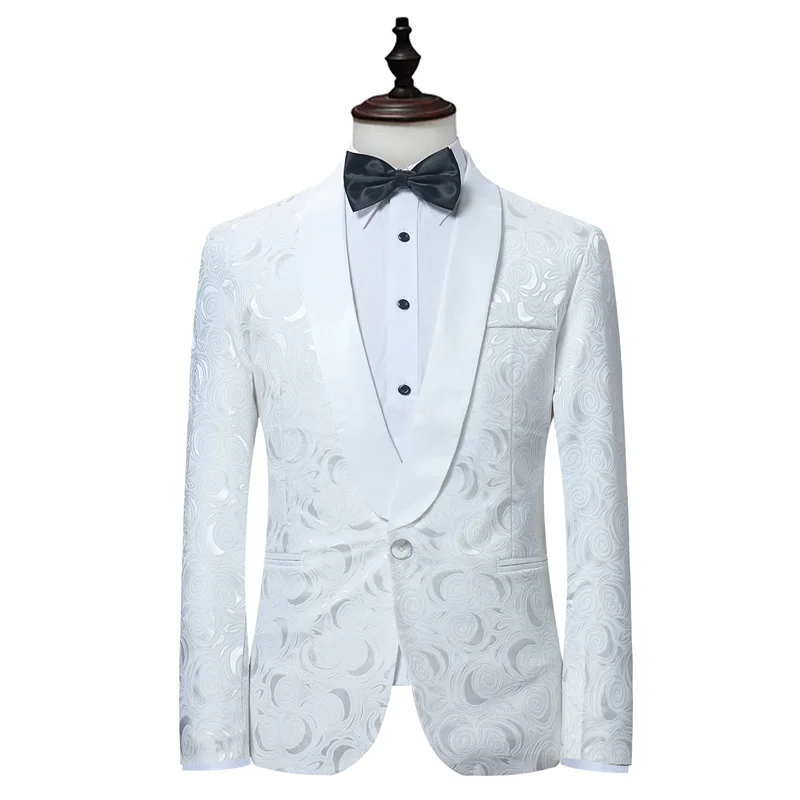 Mens White Floral One Button Suits Party Wedding Groom Tuxedos Groomsmen 2 Piece Suit (Jacket+Pants) Male Costume Mariage Homme