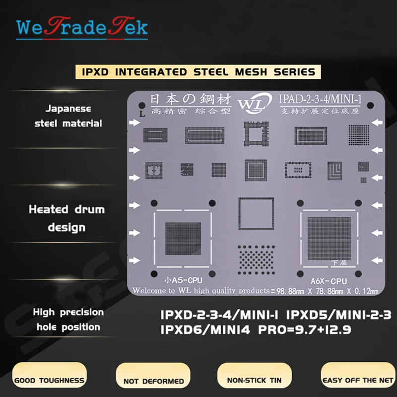 WL BGA Reballing Stencil Kit 0.12mm Thickness Tin Mesh Solder Template for iPad 2 3 4 5 6 Air 1 2 Mini 1 2 3 4 Pro