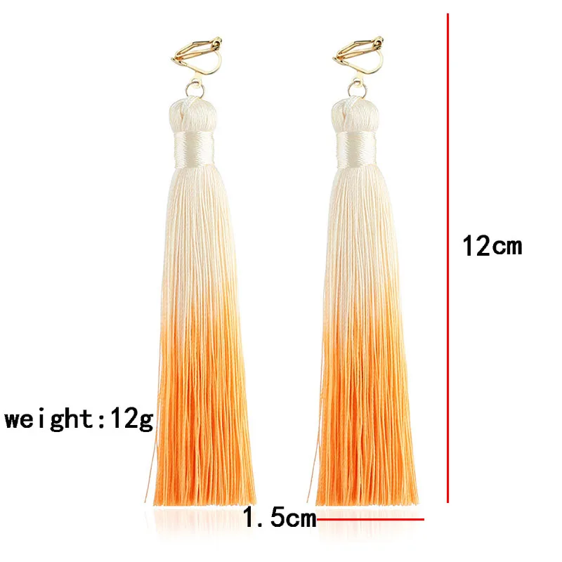 13 color New Trendy Gradient Color Long Tassel Clip on Earrings For Women handmade Thread Earring Wholesale Statement Jewelry