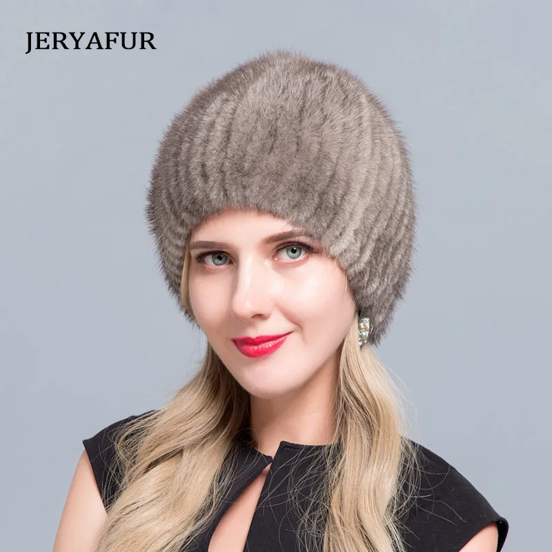 JERYAFUR Winter Natural Mink Fur Hats Women Warm Thick Lined Fur Knitted Caps Fashion Female Rhinestone Flower Beanie