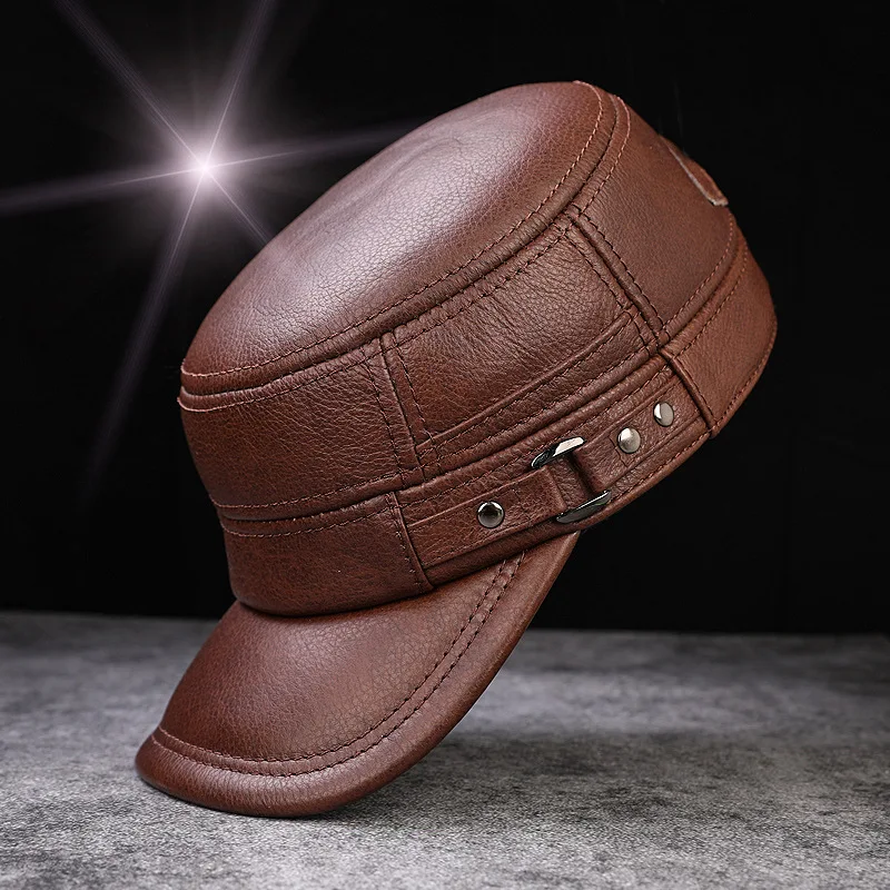 

Men's Leather Flat Top Visor Hat Middle Age Male Autumn Winter Casual Cowhide Cap Elderly Warm Ear Protection Fashion Caps H6995