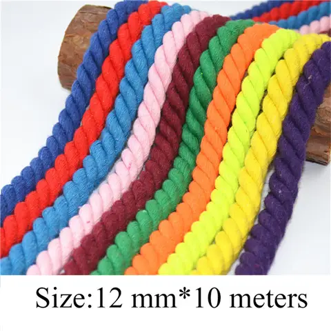 100% Cotton 10Meters 3 Shares Twisted Cotton Cords 12mm DIY Craft Decoration Rope Cotton Cord for Bag Drawstring Belt 20 Colors