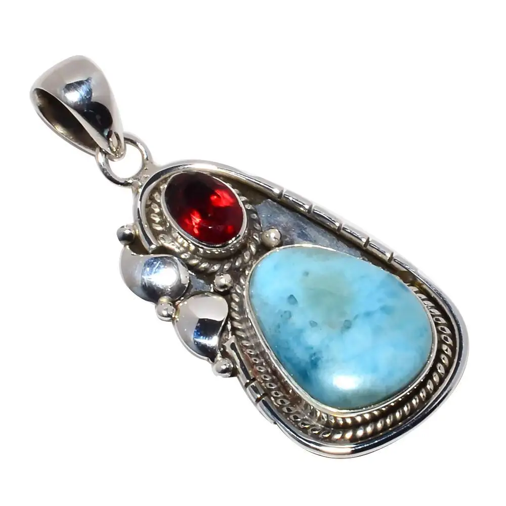 Nature Larimar + Garnet Pendant 925 Sterling Silver, 42 mm, AP5565