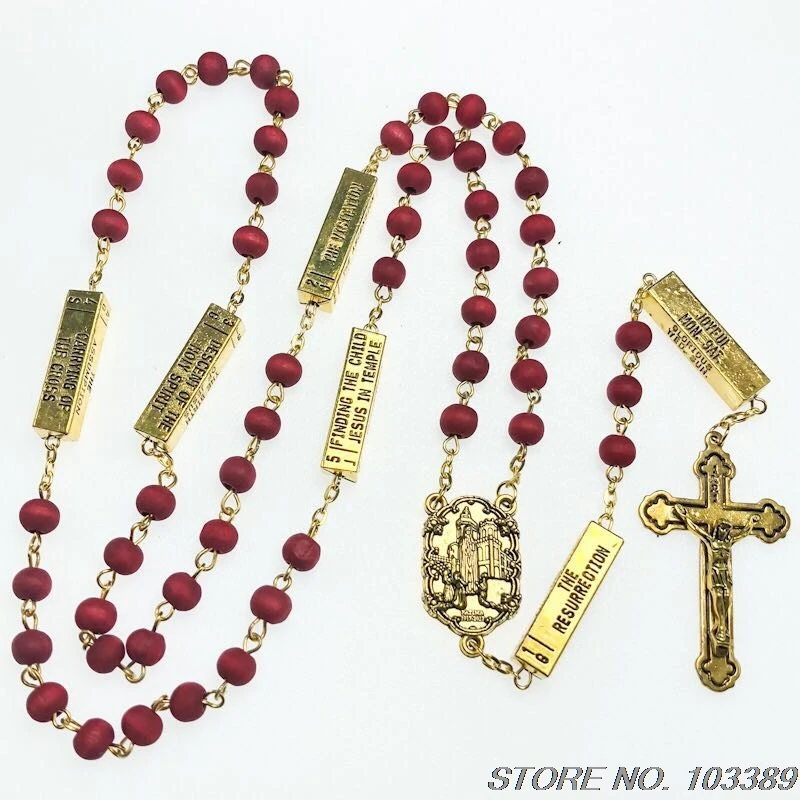 6*7mm red maple wood bead rosary, scented religious necklace, with FATIMA and the five mysteries connector