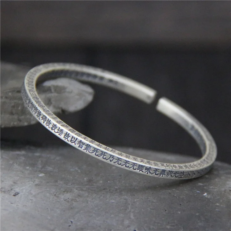 

S999 Sterling Silver Six Words Scripture Fashion Men And Women Retro Thai Silver Solid Bangle Open Ended