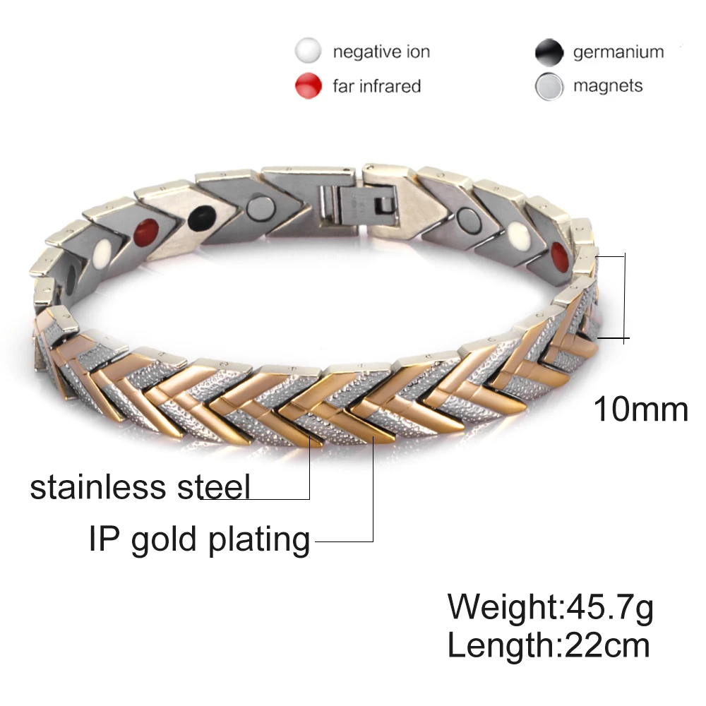 Vinterly Magnetic Bracelets for Women Men Arrow Gold-color Stainless Steel Health Energy Germanium Chain Link Jewelry Male