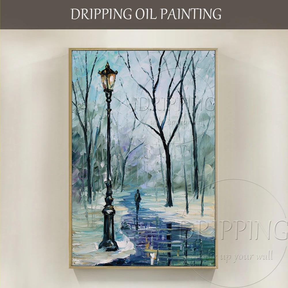 

Artist Hand-painted High Quality Snow Scenery Oil Painting on Canvas Special Lonely Road Walker and Street Light Oil Painting