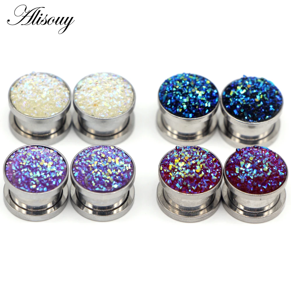 Alisouy 1Pair Anodized 316L Stainless Steel Screw Fit Ear Tunnel Plug Gauge Expanders Earlet Piercing With Synthetic Druzy