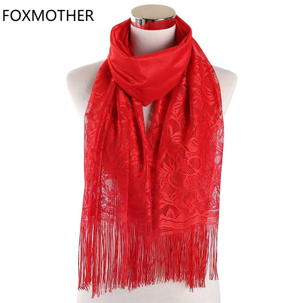 

FOXMOTHER Red White Black Solid Color Floral Lace Scarf Hollow Tassel Fringe Hijab Scarves Wrap Muslim Ladies Foulard Femme