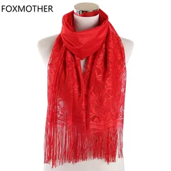 FOXMOTHER Red White Black Solid Color Floral Lace Scarf Hollow Tassel Fringe Hijab Scarves Wrap Muslim Ladies Foulard Femme