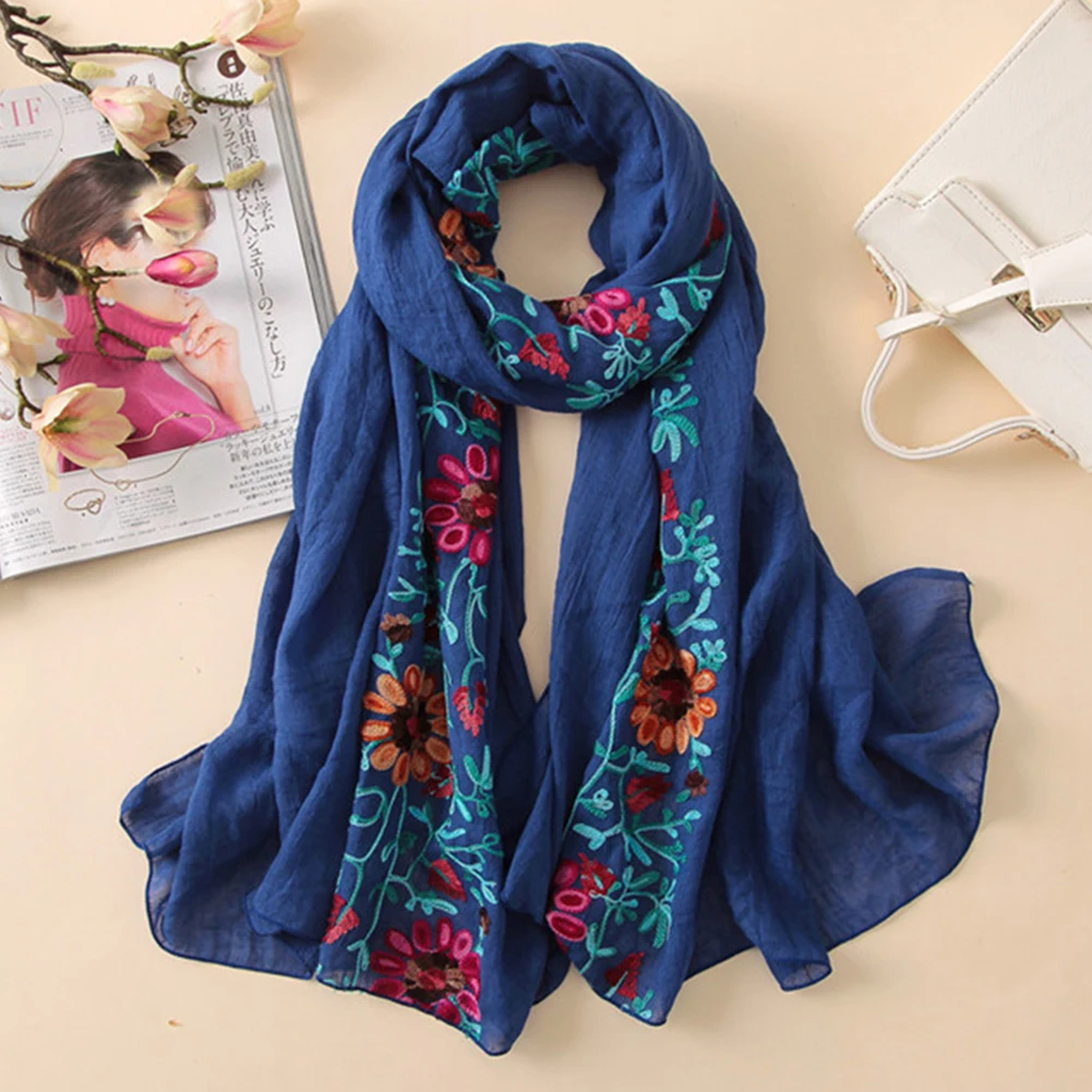 Embroidered Flower Scarf Cotton Women Long Bandana Scarves Girl Shawl Gift new