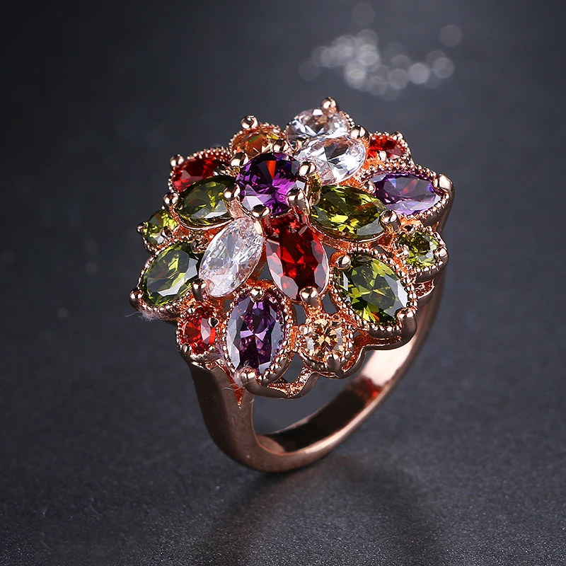 Emmaya Unique Design Top Sale Rose Gold Color Colorful AAA Zircon Wedding bijoux Flower Rings Jewelry For Women Gift Party