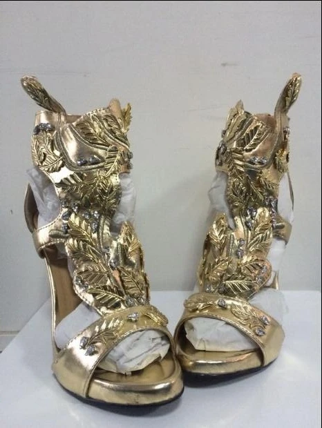 Luxury women high heel sandals cutouts Summer footwear leaf decoration low platform gold runway party shoes bling bling sandals