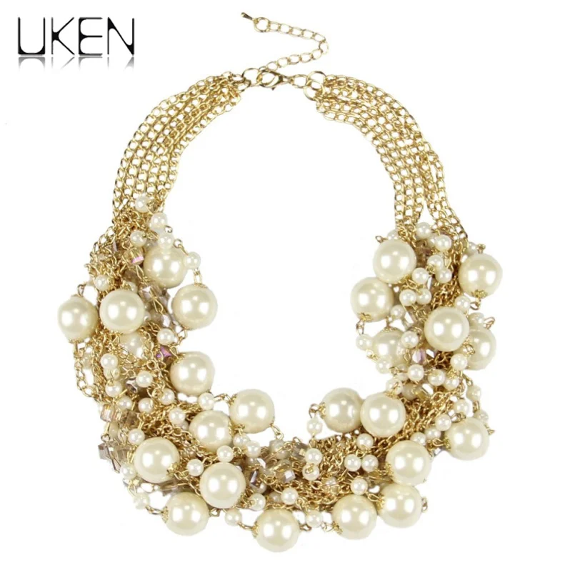 UKEN Fashion Women Maxi Necklaces Gold Color Chain Imitation Pearls Beads Crystal Collar Chokers Chunky Necklaces & Pendants