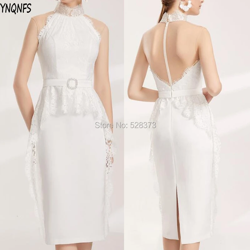 YNQNFS CD52 Real Robe Cocktail Party Elegant Ruffles Halter Sheer Back Mother of Bride Lace Dresses Outfits Off White 2019