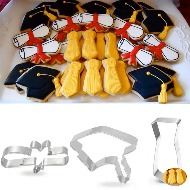 

3pcs patisserie reposteria Graduation Hat Paper Tie Cookie Cutters Fondant Cake Decor Tools Pastry Shop Cupcake Gum Biscuit Mold