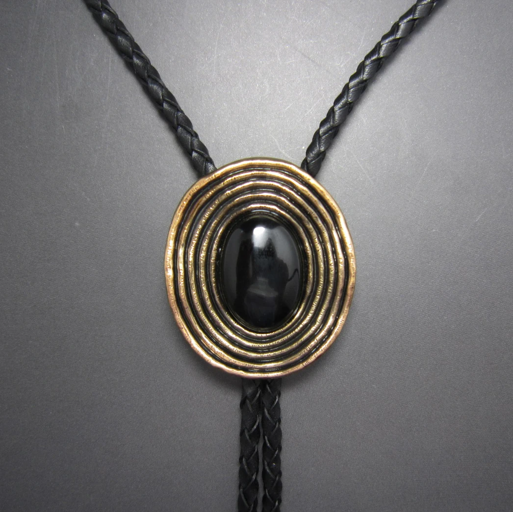 Antique Gold Plated Nature Black Obsidian Bolo Tie Neck Tie