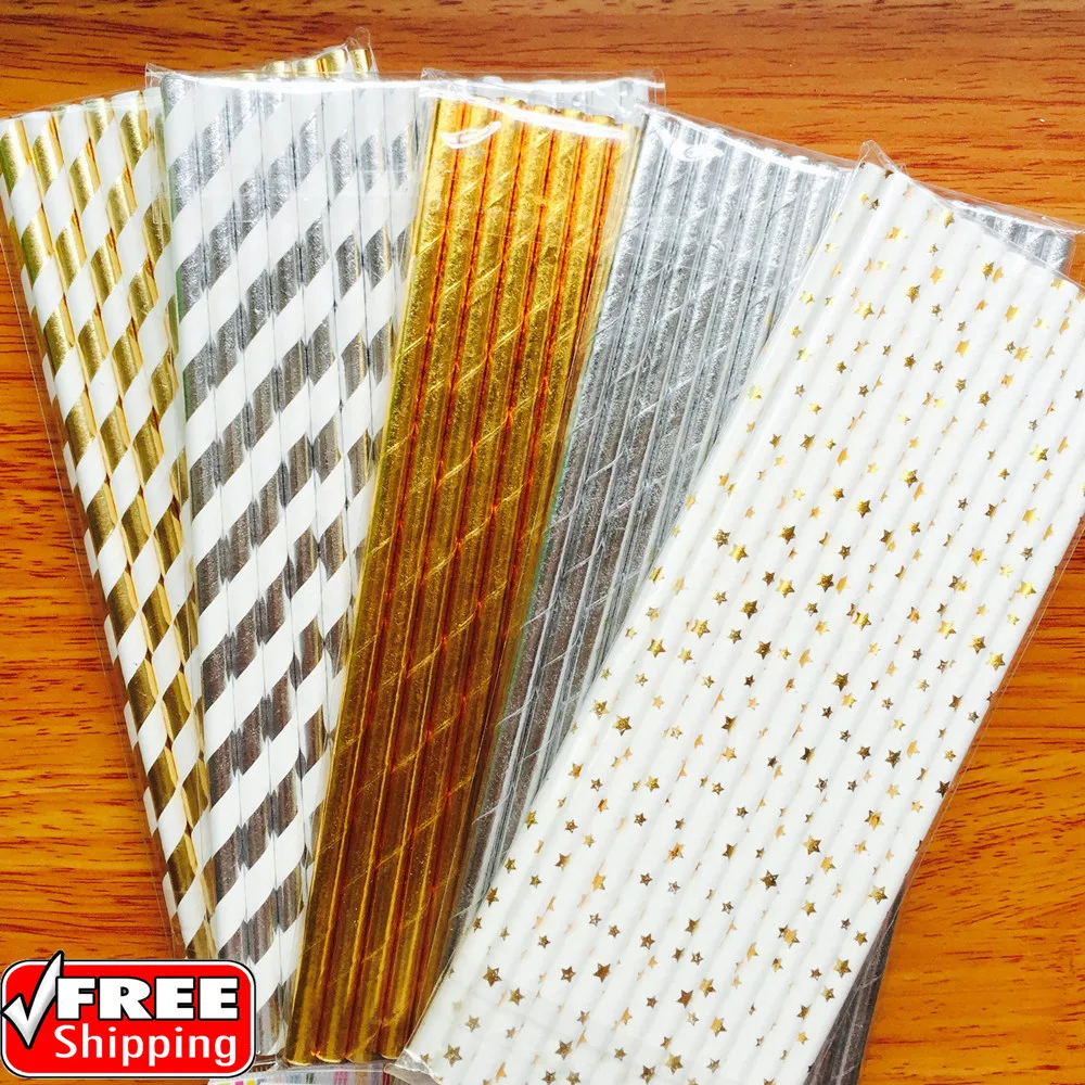 

Pick Styles 1000 Pcs Holiday Paper Drinking Straws-Birthday Wedding Christmas Gold Silver Foil Paper Straws Party Decor-Metallic