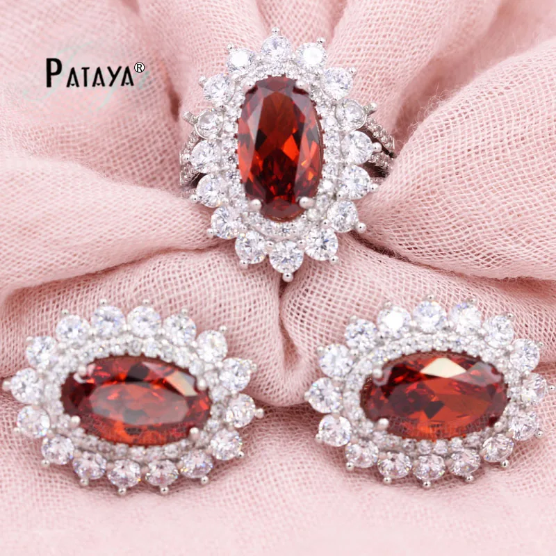 

PATAYA New Sale Women Luxury Jewelry Set Green Oval AAA Natural Zircon Earrings Ring Set Sunflower True White Gold Color Jewelry