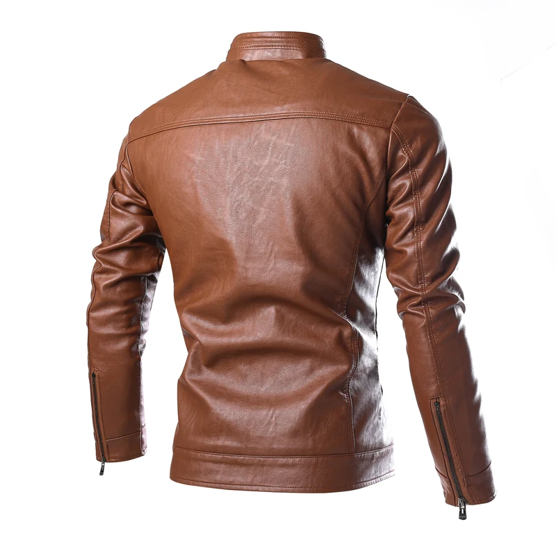 2022 New Fashion Men\'s Solid Color Leather Jacket , High-quality PU leather stand-collar slim jacket jacket  Brown, black