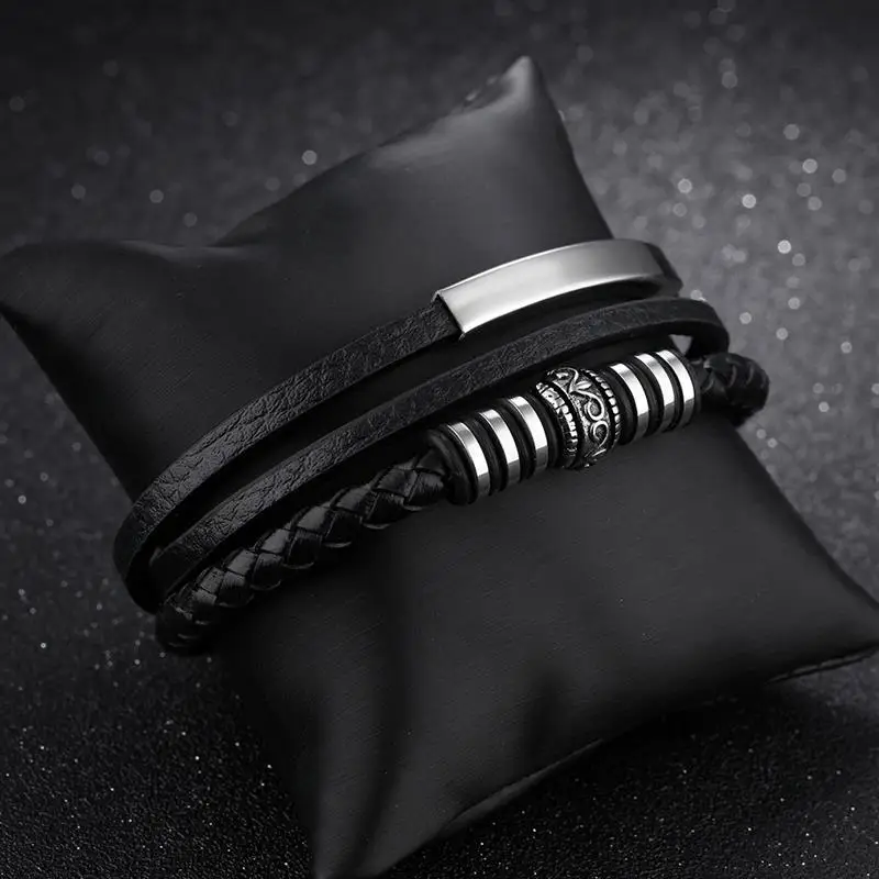 Jiayiqi Men Jewelry Genuine Leather Bracelets Fashion New Stainless Steel Magnetic Clasp Punk Black Brown Rope Brangle for Gifts