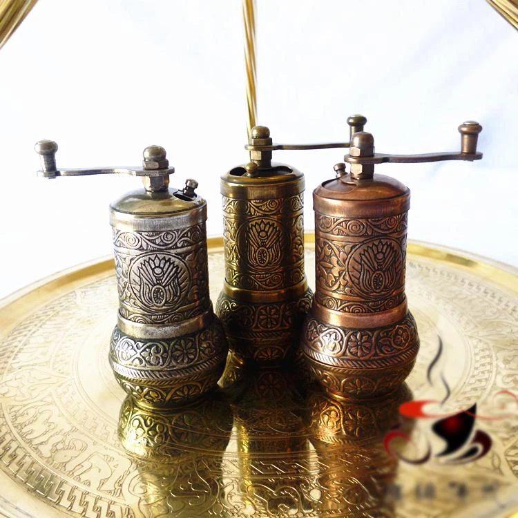 Turkish style manual coffee & spice seasoning grinder all metal mini table grinder Copper Alloy Relief Pattern