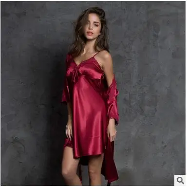 High Quality New 2022 Spring Summer Three Quarter Sleeve Silk Robes Set Sexy V-neck 2 Pieces Home Suit Dressing Gowns For Women