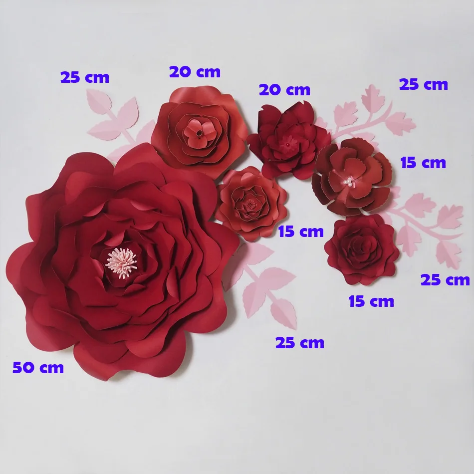 DIY Giant Paper Flowers Fleurs Artificielles Backdrop Artificial Rose 6pcs+4 Leaves Wedding Party Decor Nursery Bedroom Red