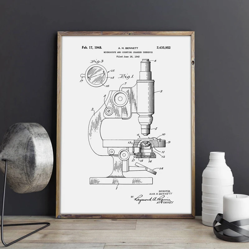 Microscope Patent Microscope Wall Art Print Chemistry Posters Science Room Wall Decor Vintage Blueprint Canvas Painting Pictures