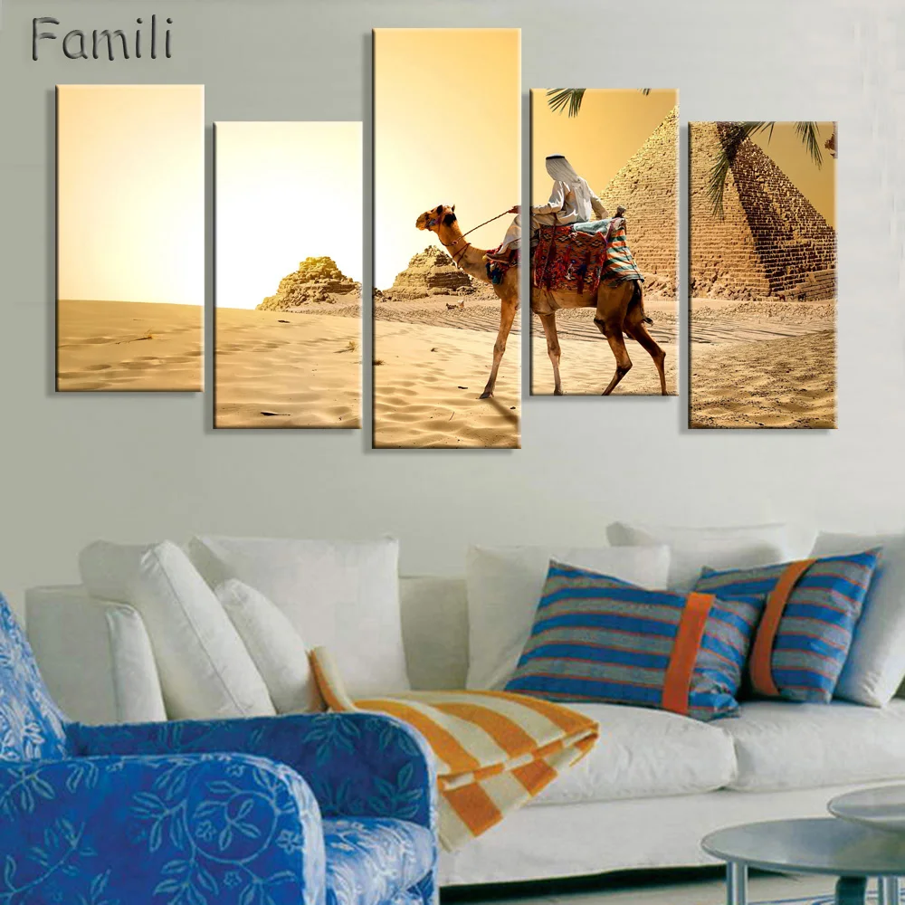 Canvas Wall Art HD Printed Modular Pictures 5 Pieces Sunset Egypt Pyramid Paintings Living Room Modern Landscape Posters