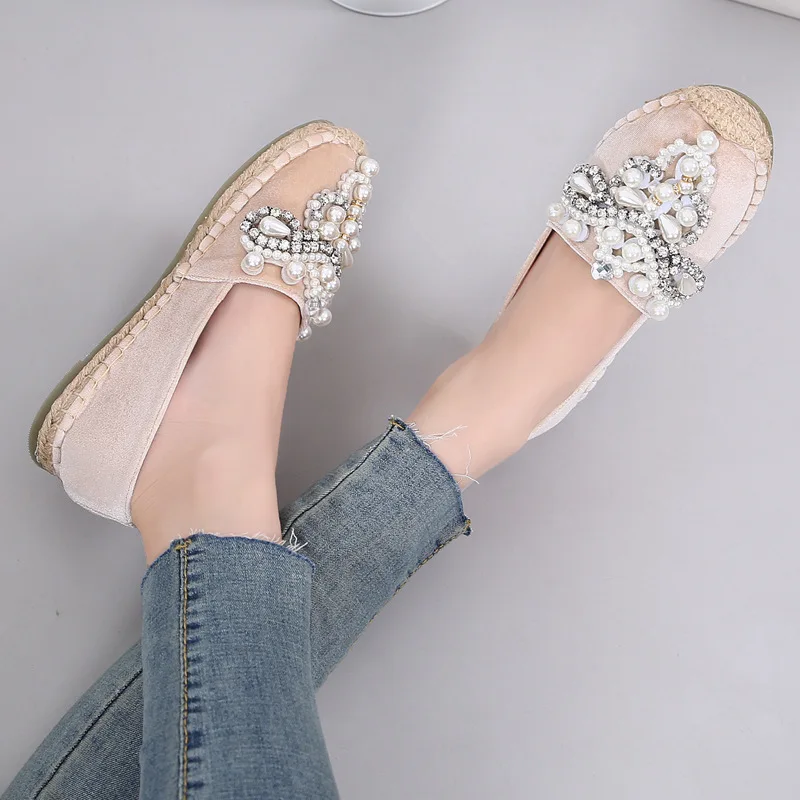 Women Flats Casual Spring Autumn Fisherman Shoes Flock Lazy Loafers Rhinestone String Bead Woman Single Shoes