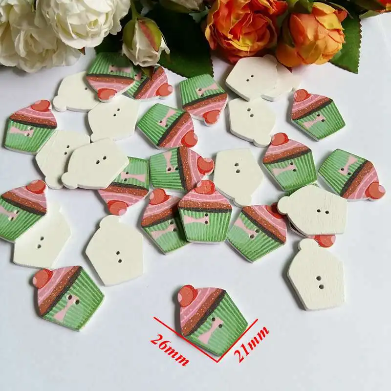 50pcs/lot 2 Holes Colored cake Wooden Buttons Cute Mixed Paint Design Decoration Clothing Accessories Sewing Buttons