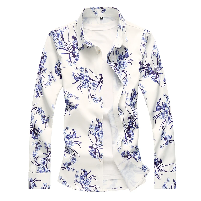 

2023 New Men Long-sleeved Flower Shirts Large Size M-7XL Small Stretch Shirt Men Polyester Fiber and Spandex Fabric tops