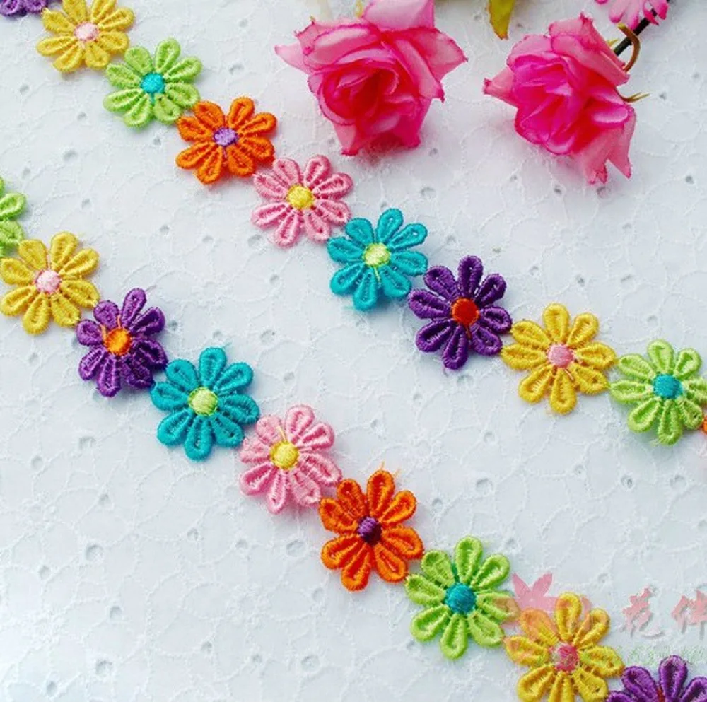 Cheap price 15yards/lot,26MM colorful embroidered daisy flower lace trim DIY accessory