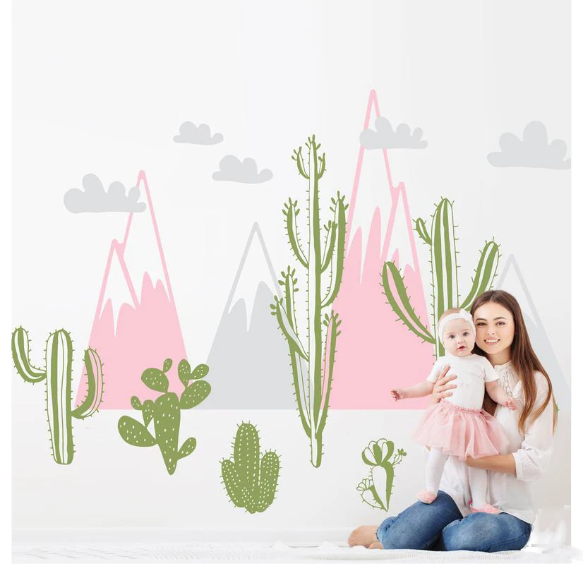 Mountain and Cactus Clouds Wall Decal DIY Self-sticking Vinyl Desert Cactus Wall Decor Art Decals Baby Nursery Wallpapers LC1323